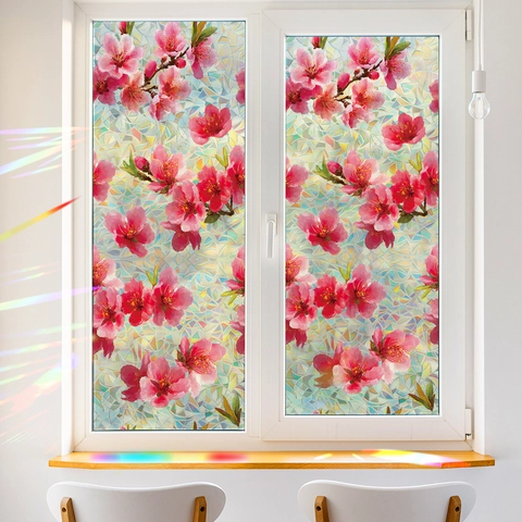 3D Regenboog Vensterfolie Privacy Statisch Hechtend Decoratieve Glassticker Roze Bloemen Aquarel Patroon Voor Thuis Kantoor