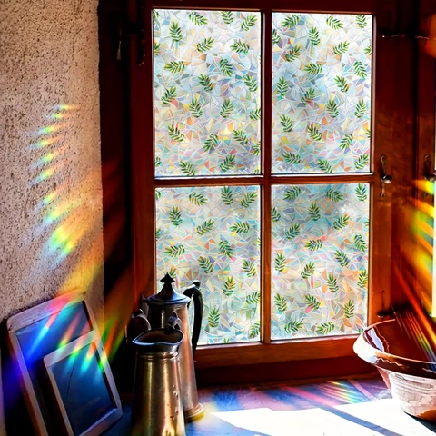 Regenbogen Sichtschutzfolie Fenster Statisch Haftend 3D Glasaufkleber Grünes Blatt Laser Prisma Effekt Selbstklebend Haus Deko