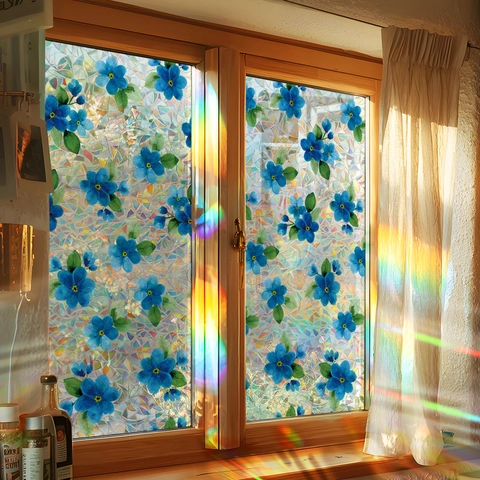 Regenbogen Prisma Fensterfolie Statisch Haftend Privatsphäre Glasaufkleber Blau Floral Blätter Dekorativ Ohne Kleber Home Decor