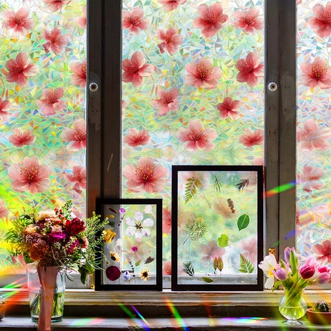 3D Regenboog Kersenbloesem Vensterfolie Statische Hechting Privacy Glassticker Decoratieve Warmtecontrole Niet-klevend Voor Thuis Keuken Kantoor