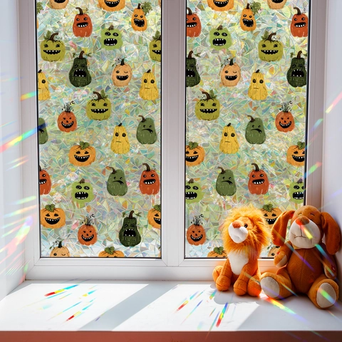 Halloween Pumpkin Window Film Static Cling 3D Rainbow Prism Decorative Glass Sticker For Home Holiday Privacy Protection Decal
