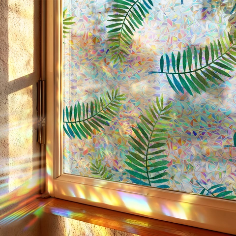3D Regenbogen Fensterfolie Statisch Haftend Privatsphäre Glasaufkleber Laser Tropische Grüne Blätter Muster Für Zuhause
