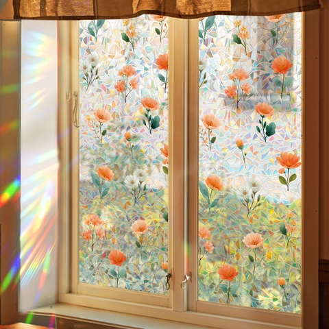 3D Regenboog Laser Vensterfolie Statische Hechting Privacy Glassticker Bloemenpatroon Prisma Decoratieve Zonnevanger Home Decor