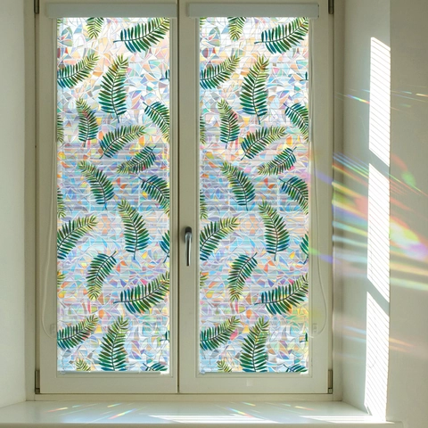 3D Regenbogen Fensterfolie Statisch Haftend Privatsphäre Glasaufkleber Laser Tropische Grüne Blätter Muster Für Zuhause