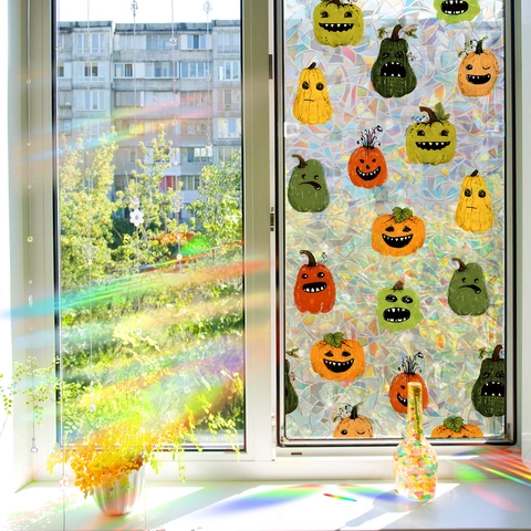Halloween Pumpkin Window Film Static Cling 3D Rainbow Prism Decorative Glass Sticker For Home Holiday Privacy Protection Decal