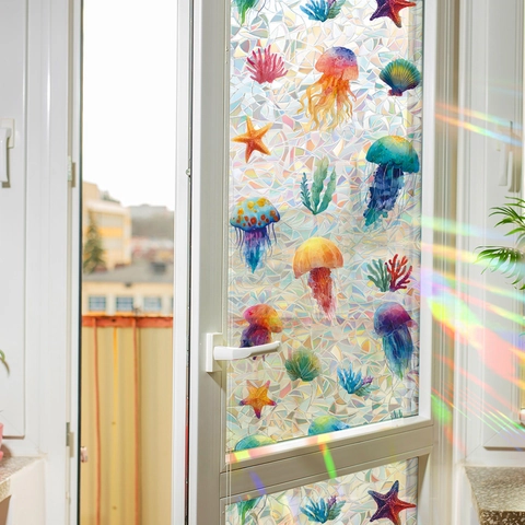 Ocean Life Rainbow Prism Window Film Static Cling Privacy Glass Sticker Jellyfish Starfish Decorative Non-Adhesive Film