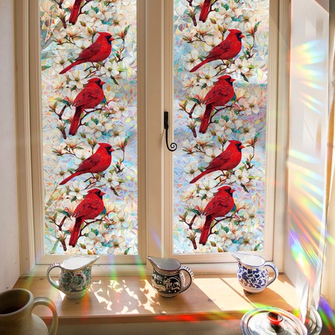 Prisma Buntglas Fensterfolie Statisch Haftend Rotkardinal Blumenmuster Laser Privatsphäre Fenstersticker Für Dekoration