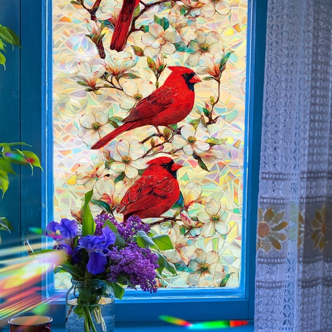 Prisma Buntglas Fensterfolie Statisch Haftend Rotkardinal Blumenmuster Laser Privatsphäre Fenstersticker Für Dekoration