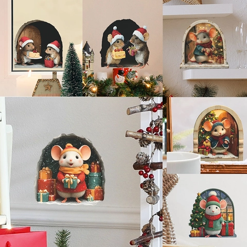3D Christmas Mouse Hole Wall Sticker Cartoon Mice DIY Decal PVC Removable Skirting Board Decoration For Home Party Kids Gift