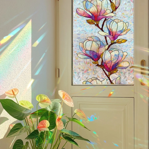 Pegatina de Ventana de Magnolia con Prisma Láser de Arcoiris Película de Vidrio Decorativa Estática para Privacidad Hogar