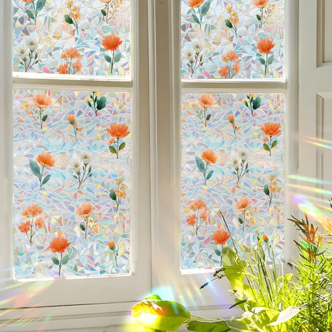 3D Regenboog Laser Vensterfolie Statische Hechting Privacy Glassticker Bloemenpatroon Prisma Decoratieve Zonnevanger Home Decor