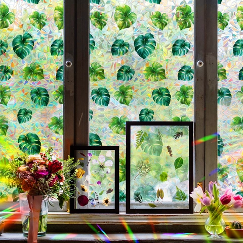 Tropisches Monstera Blatt Regenbogen Fensteraufkleber Statisch Haftende Dekorative 3D Glasfolie Sichtschutz Für Wohnzimmer