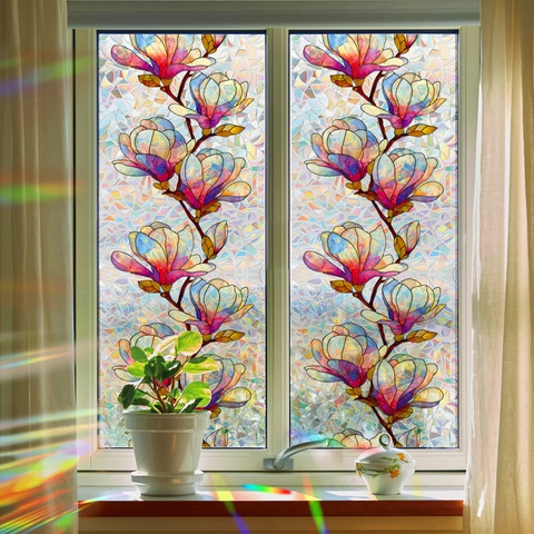 Pegatina de Ventana de Magnolia con Prisma Láser de Arcoiris Película de Vidrio Decorativa Estática para Privacidad Hogar