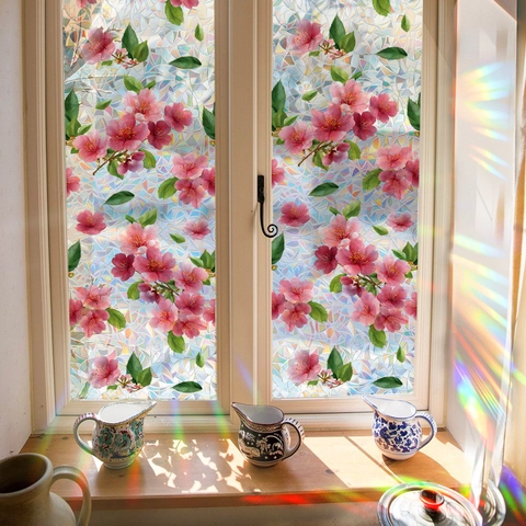 3D Regenbogen Statisch Haftende Fensterfolie Kirschblüte Sichtschutz Glasaufkleber Dekoratives Prisma Fensterbild Für Haus Büro
