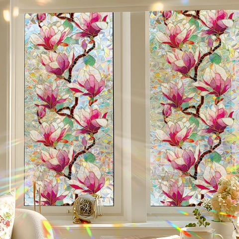 Glas-in-lood Magnoliabloem Vensterfolie Statische Hechting Privacy Decoratieve Glassticker Voor Thuis Kantoor Raam Deur Decor