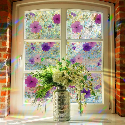 3D Regenbogen Statische Fensterfolie Sichtschutz Glasaufkleber Lila Blume Laser Mosaik Dekofolie Für Zuhause Büro