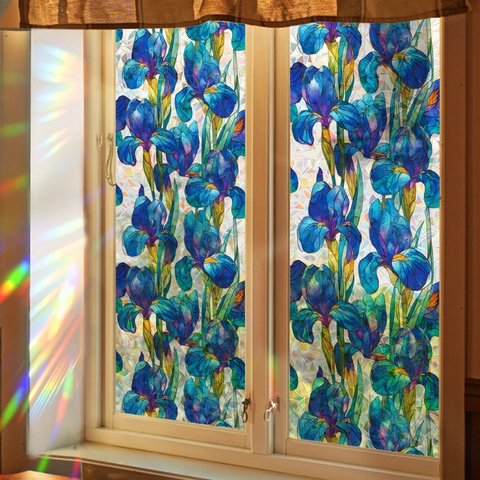 Glas-in-loodstijl Blauwe Iris Bloem Raamfolie Statisch Hechtend Privacy Decor Sticker Regenboog Lasereffect Voor Ramen Thuis