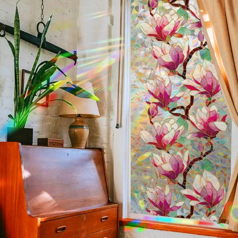 Glas-in-lood Magnoliabloem Vensterfolie Statische Hechting Privacy Decoratieve Glassticker Voor Thuis Kantoor Raam Deur Decor
