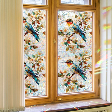 Vintage Kolibri Bloemen Raamfolie Statisch Hechtend PVC Privacy Glas Sticker Regenboog Prisma Effect Glas-in-Lood Ontwerp