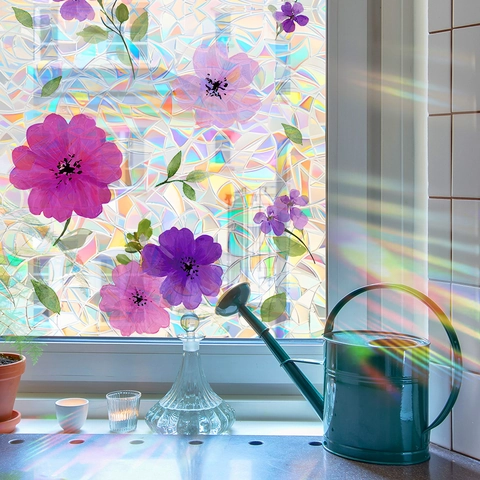 3D Regenbogen Statische Fensterfolie Sichtschutz Glasaufkleber Lila Blume Laser Mosaik Dekofolie Für Zuhause Büro