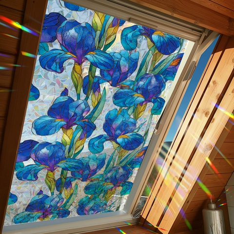 Glas-in-loodstijl Blauwe Iris Bloem Raamfolie Statisch Hechtend Privacy Decor Sticker Regenboog Lasereffect Voor Ramen Thuis