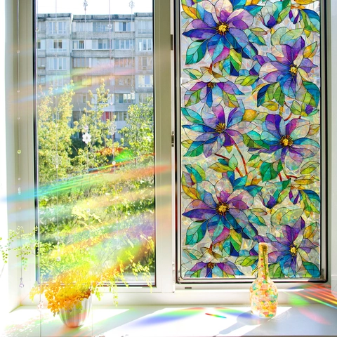 Regenbogen Laser Geometrische Blumen Fensterfolie Statisch Haftende Privatsphäre Glasaufkleber Für Badezimmer Haus Dekor