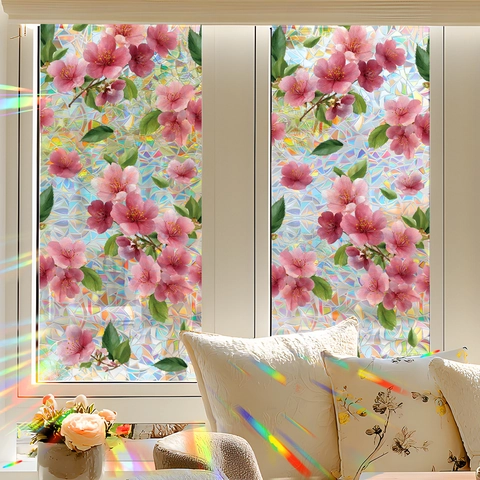 3D Regenbogen Statisch Haftende Fensterfolie Kirschblüte Sichtschutz Glasaufkleber Dekoratives Prisma Fensterbild Für Haus Büro