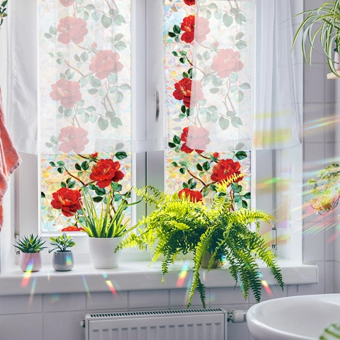 Película 3D Arco Iris para Ventana Rosa Floral Adhesivo Cristal Privacidad Adhesión Estática Sin Adhesivo Prisma Láser Calcomanía