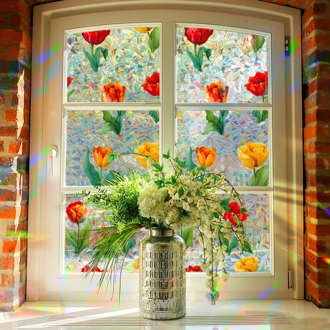3D Regenboog Vensterfolie Statisch Hechtend Privacy Tulp Bloem Stickers Zonder Lijm Decoratieve Glassticker Voor Huis