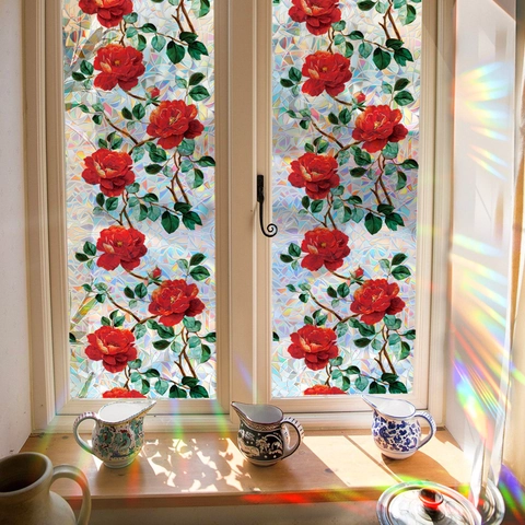 Película 3D Arco Iris para Ventana Rosa Floral Adhesivo Cristal Privacidad Adhesión Estática Sin Adhesivo Prisma Láser Calcomanía