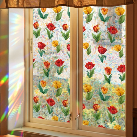 3D Regenboog Vensterfolie Statisch Hechtend Privacy Tulp Bloem Stickers Zonder Lijm Decoratieve Glassticker Voor Huis