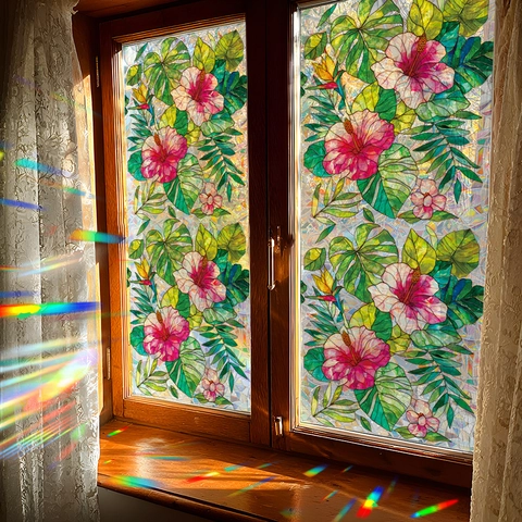 Statische Vensterfolie Privacy Tropische Bloemen Monstera Blad Gematteerd Regenboogprisma Glassticker Zonder Lijm Huisdecoratie