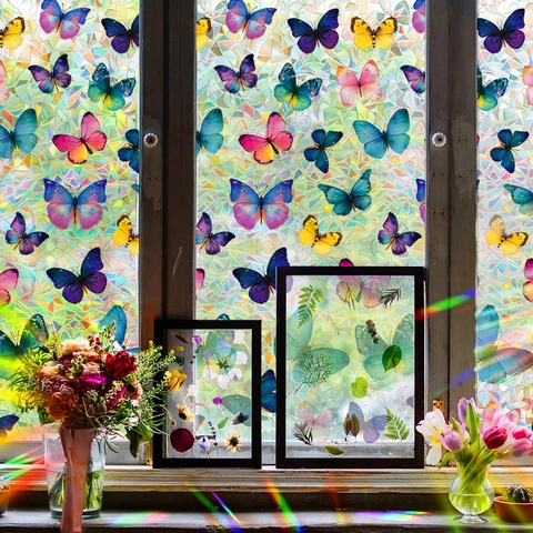 Rainbow Laser Butterfly Window Film Static Cling Privacy Glass Sticker Prism Rainbow Effect Decorative Decal For Home Office Living Room