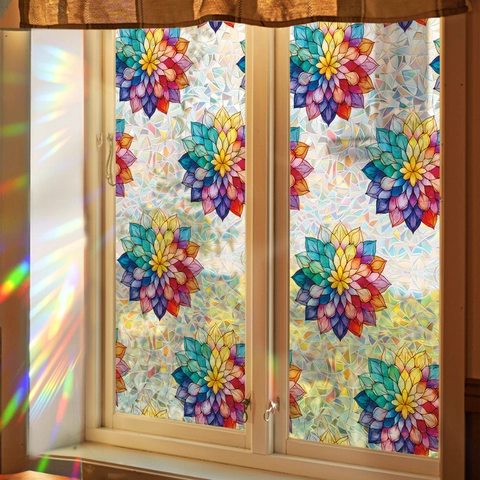 Película de Privacidad para Ventana Mandala de Loto Arcoíris Adherencia Estática Pegatina Decorativa de Vidrio Efecto Prisma Láser