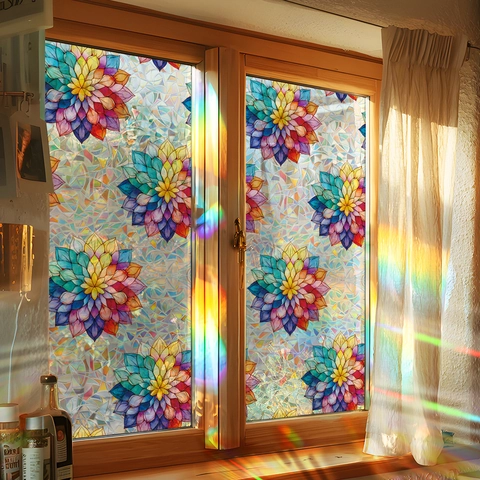 Película de Privacidad para Ventana Mandala de Loto Arcoíris Adherencia Estática Pegatina Decorativa de Vidrio Efecto Prisma Láser