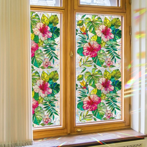 Statische Vensterfolie Privacy Tropische Bloemen Monstera Blad Gematteerd Regenboogprisma Glassticker Zonder Lijm Huisdecoratie