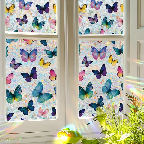 Rainbow Laser Butterfly Window Film Static Cling Privacy Glass Sticker Prism Rainbow Effect Decorative Decal For Home Office Living Room