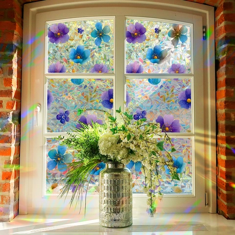 Laser Regenboog Aquarell Bloemen Vensterfolie Statische Hechting Privacy Glassticker Lijmvrij Decoratieve Raamsticker