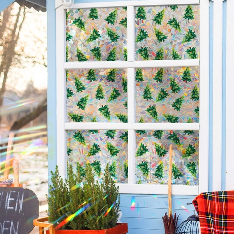 Laser Bemalt Weihnachtsbaum Fensterfolie Statisch Haftend Privatsphäre Glas Aufkleber Prisma Regenbogen Effekt Laser Aufkleber Für Heimdekor