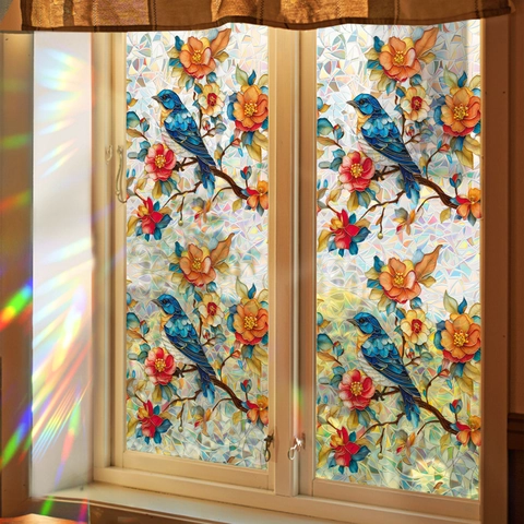 Película De Ventana Retro Pájaro Flor Adherencia Estática Láser Prisma Pegatina Decorativa Efecto Arco Iris Privacidad Hogar