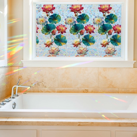 Lotus Seerosenblatt Muster Fensterfolie Laser Regenbogen Statische Haftung Privatsphäre Glas Dekor PVC Fensteraufkleber