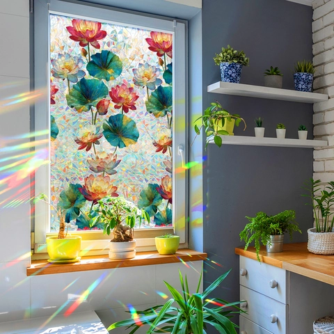 Lotus Seerosenblatt Muster Fensterfolie Laser Regenbogen Statische Haftung Privatsphäre Glas Dekor PVC Fensteraufkleber