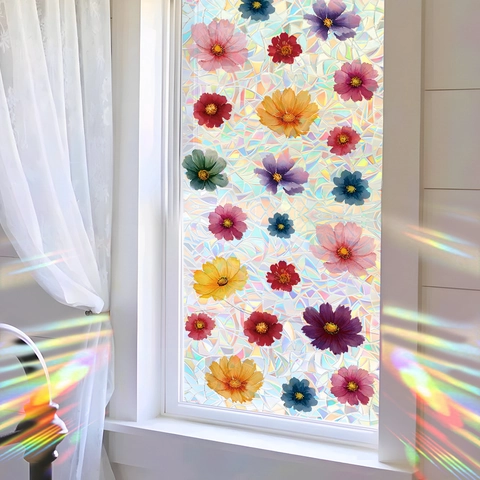 Pellicola per Finestre Arcobaleno Laser Colorato Floreale Adesivo Vetro per Protezione Privacy Adesione Statica Pellicola Decorativa Fiore di Cosmo per Casa Bagno Soggiorno