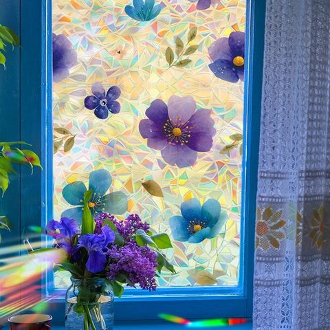 Laser Regenboog Aquarell Bloemen Vensterfolie Statische Hechting Privacy Glassticker Lijmvrij Decoratieve Raamsticker