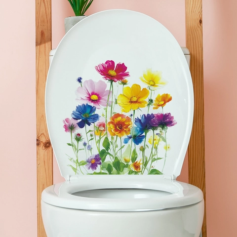 Aquarel Kleurrijke Bloemen Toilet Sticker Waterdicht PVC Botanische Muursticker Voor Badkamer Toilet Deksel Decoratie
