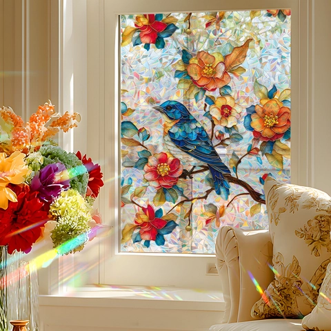 Película De Ventana Retro Pájaro Flor Adherencia Estática Láser Prisma Pegatina Decorativa Efecto Arco Iris Privacidad Hogar