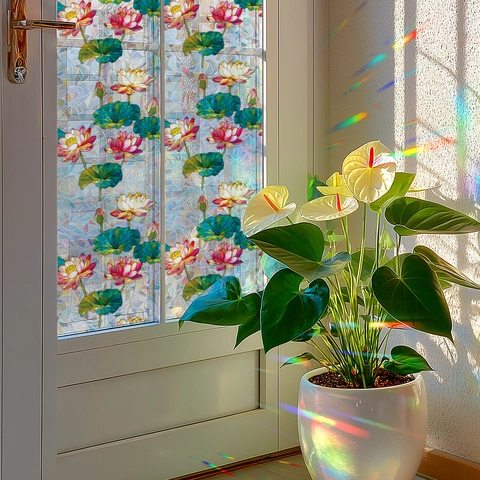 Statische Hechting Privacy Vensterfolie Geschilderde Lotusbloem Prisma Lasereffect Decoratieve Glassticker Voor Huis Kantoor