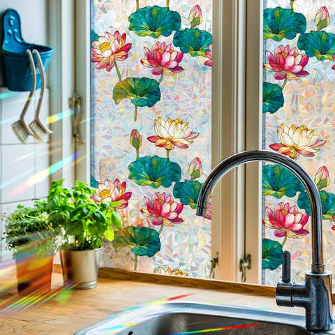 Statische Hechting Privacy Vensterfolie Geschilderde Lotusbloem Prisma Lasereffect Decoratieve Glassticker Voor Huis Kantoor