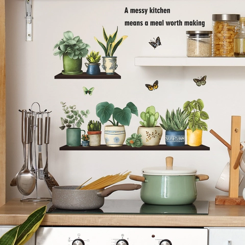 Potted Plants Butterfly Wall Stickers PVC Inspirational Quote A Messy Kitchen Means A Meal Worth Making Removable Home Decor