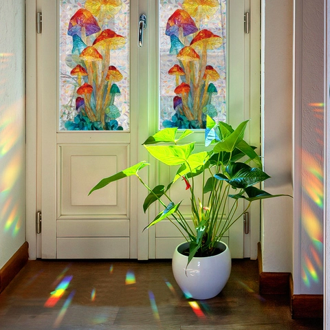 3D Statische Haftung Regenbogen Fensterfolie Pilzmuster Prisma Laser Dekorative Glasaufkleber Für Wohnzimmer Schlafzimmer Sichtschutz
